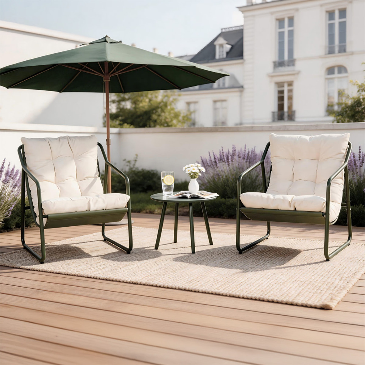 Ensemble de jardin 2 fauteuils vert kaki avec table basse ANTHI