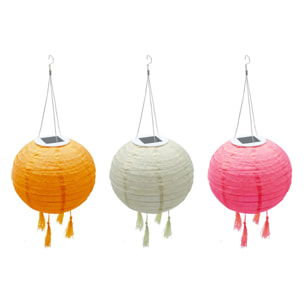 Lot de 3 lampion solaire lanterne chinoise 3 couleurs rose crème et orange LED blanc chaud SHANGRI LA ∅20cm