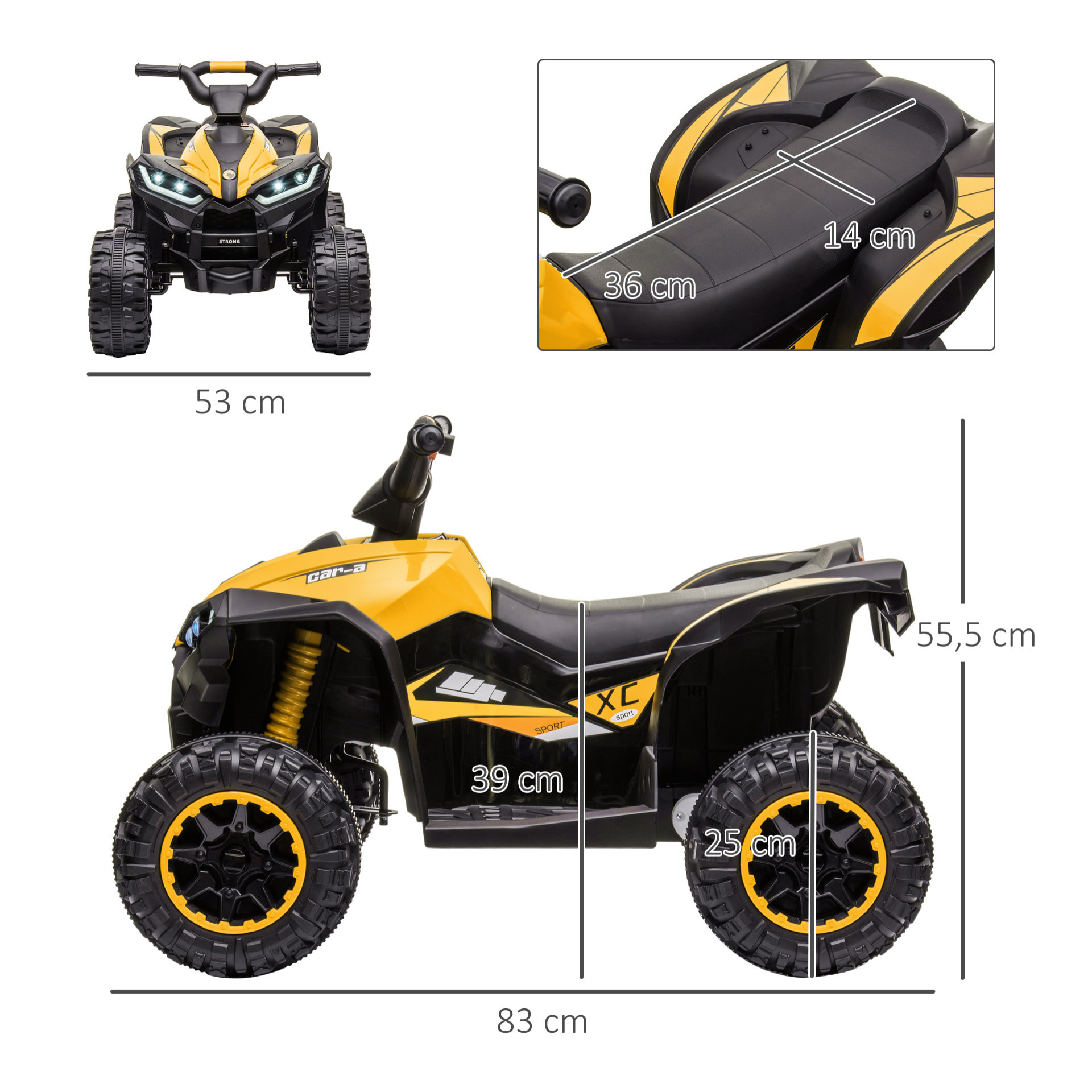 Quad Eléctrico para Niños de 3-5 Años Vehículo Eléctrico a Batería 12V con 2 Motores Faros Bocina Música Velocidad Ajustable Avance y Retroceso 83x53x55,5 cm Amarillo