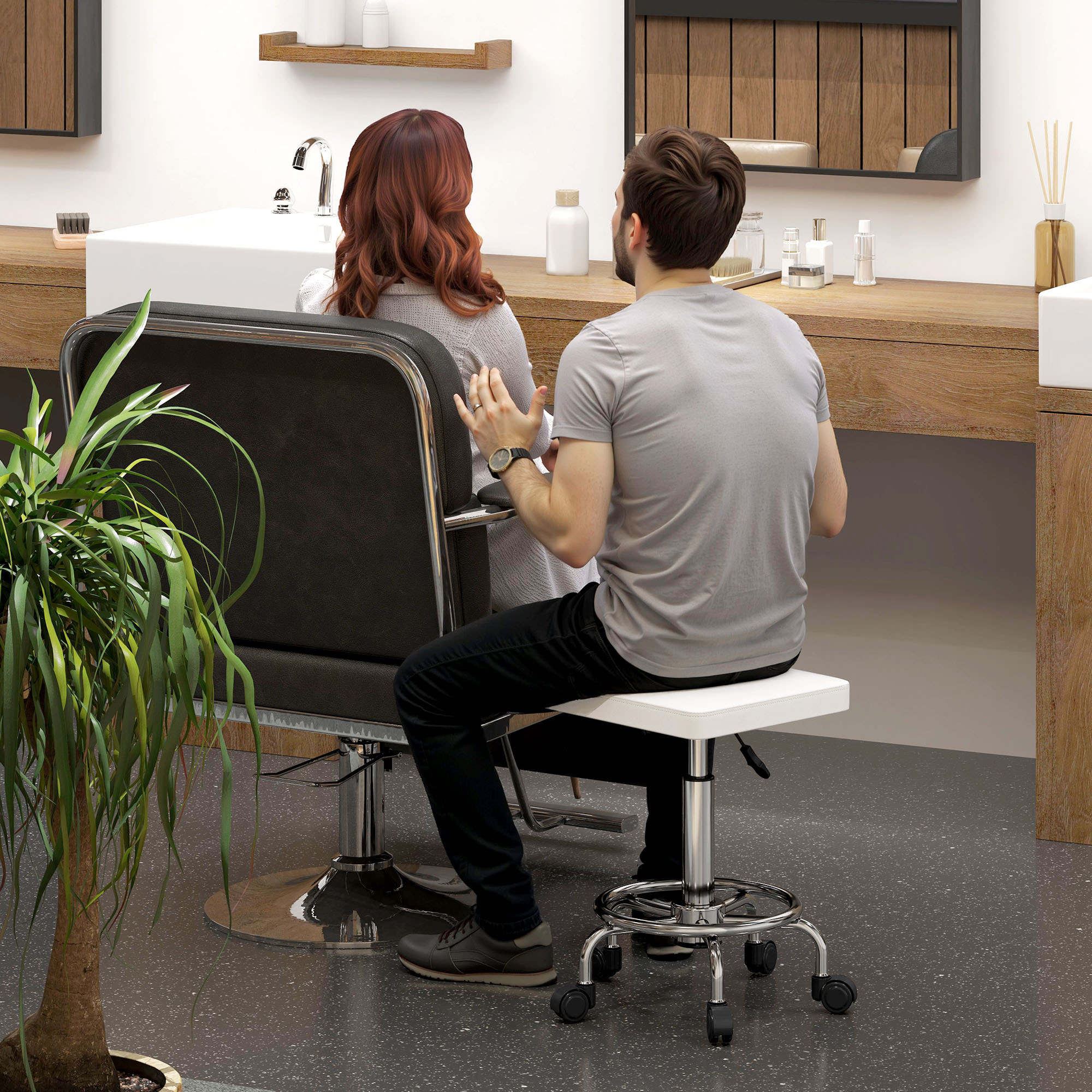 Taburete Giratorio Taburete con Ruedas Altura Regulable 50-66 cm Asiento Tapizado de Cuero Sintético Reposapiés para Salones y Talleres Blanco