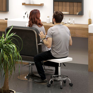 Taburete Giratorio Taburete con Ruedas Altura Regulable 50-66 cm Asiento Tapizado de Cuero Sintético Reposapiés para Salones y Talleres Blanco