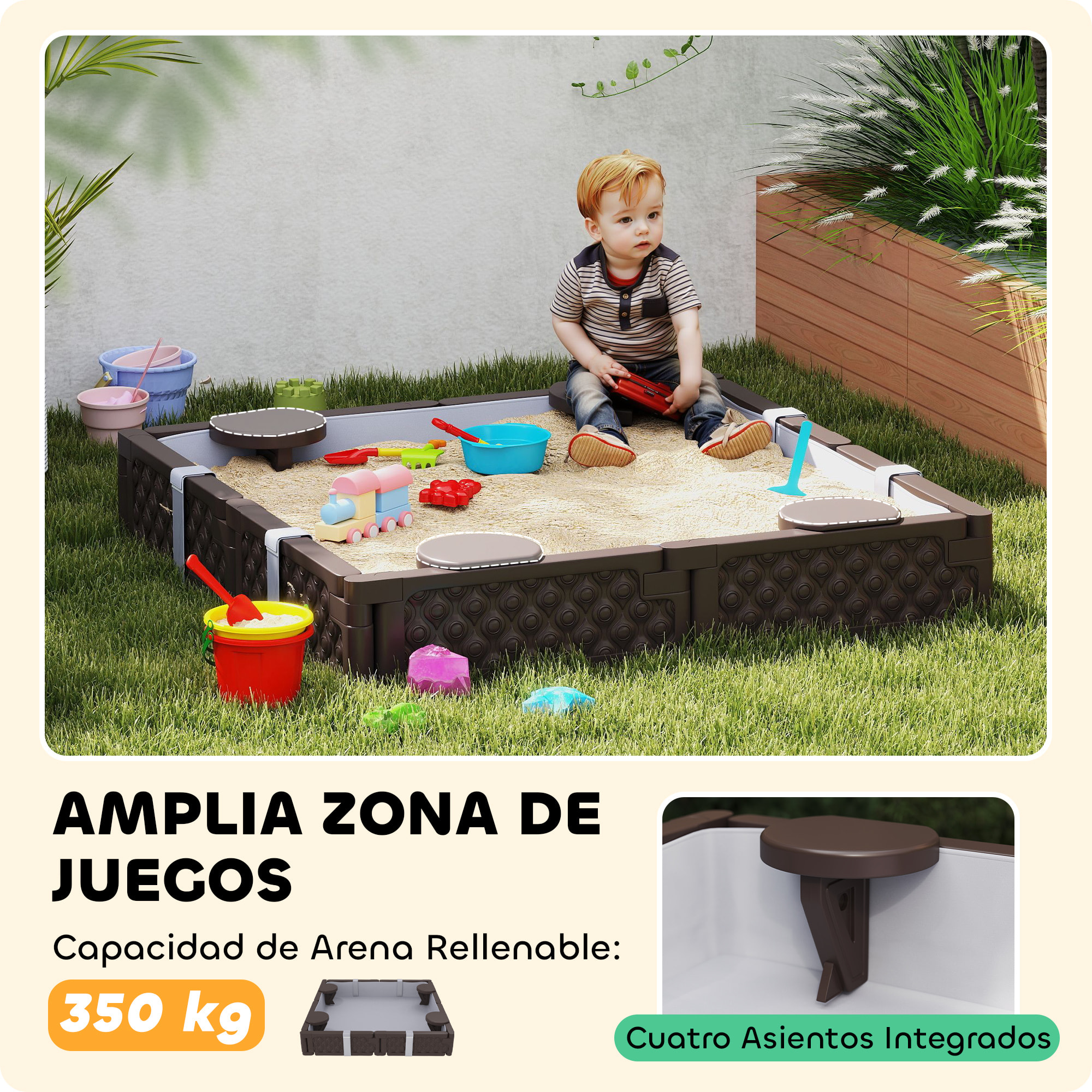 Arenero para Niños de 18-60 Meses Arenero Infantil Cuadrada con Cubierta y Asientos Arenero para Exterior 119x119x22 cm Marrón