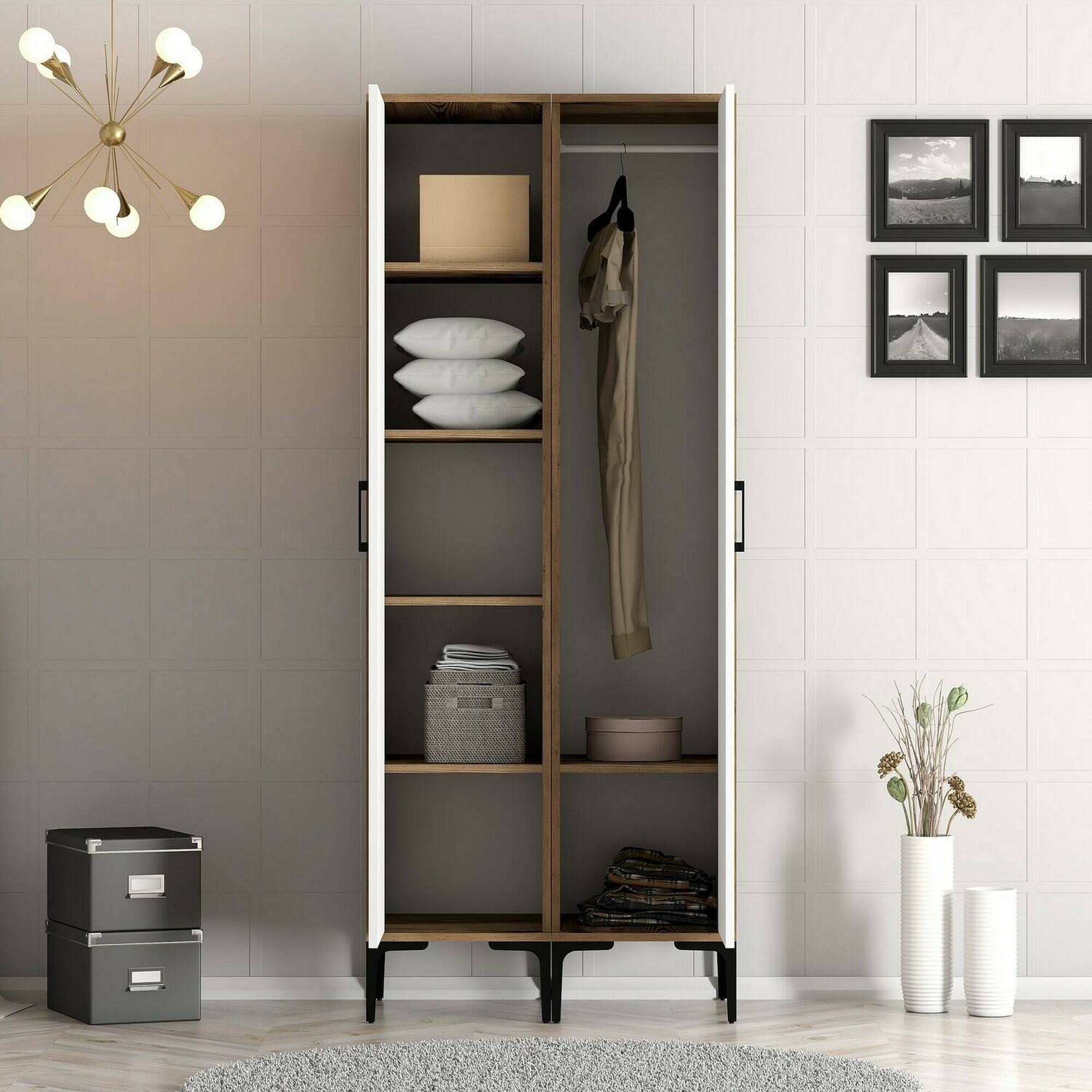 Guardaroba 2 ante Acate, Mobile camera da letto, Cabina armadio portabiti, Armadio appendiabiti, 80x201h48 cm, Noce e Bianco