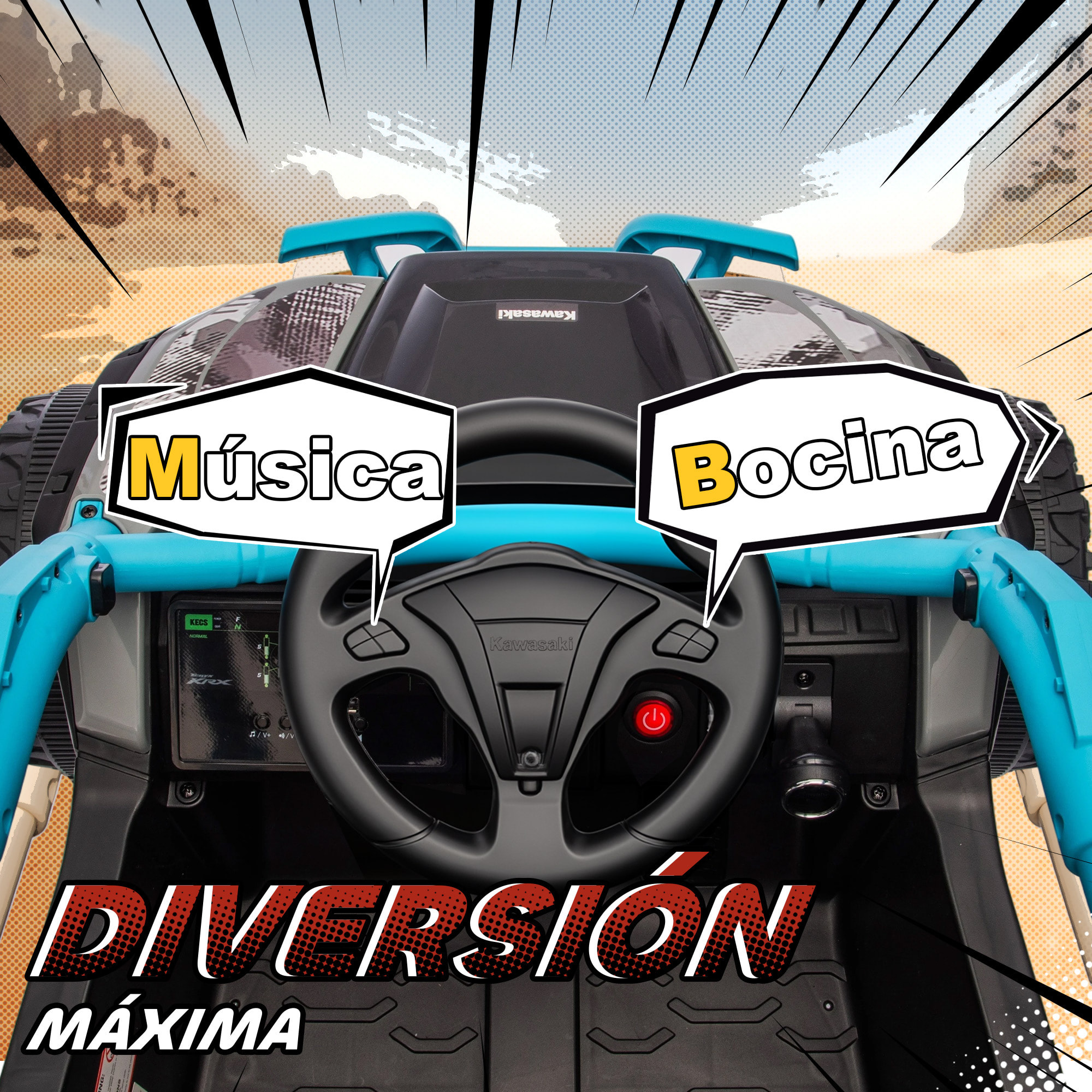 Coche Eléctrico para Niños 12V, Kawasaki Teryx KRX 1000, Coche de Batería UTV con 2 Motores, Control Remoto 2,4G, Suspensión Trasera, Faros, USB, para Niños de +3 Años, Azul