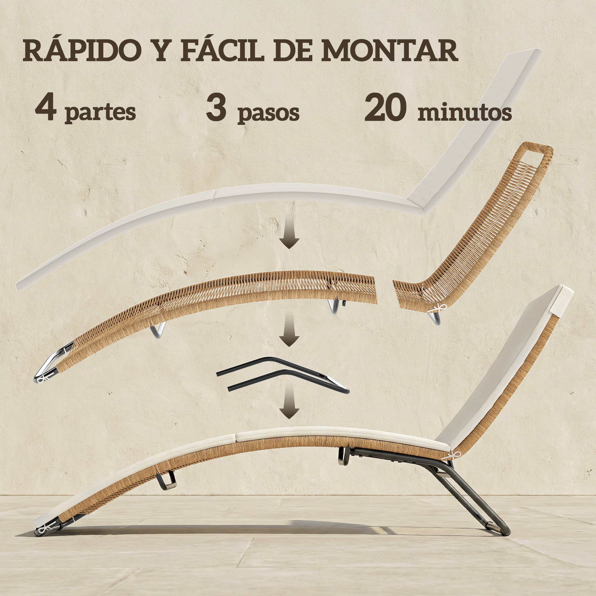 Tumbona de Ratán en Forma de S, Tumbona de Jardín Exterior con Cojín, Asiento Transpirable y Estructura de Acero, Carga 120 kg, para Patio, Playa, Terraza y Piscina, Blanco Crema