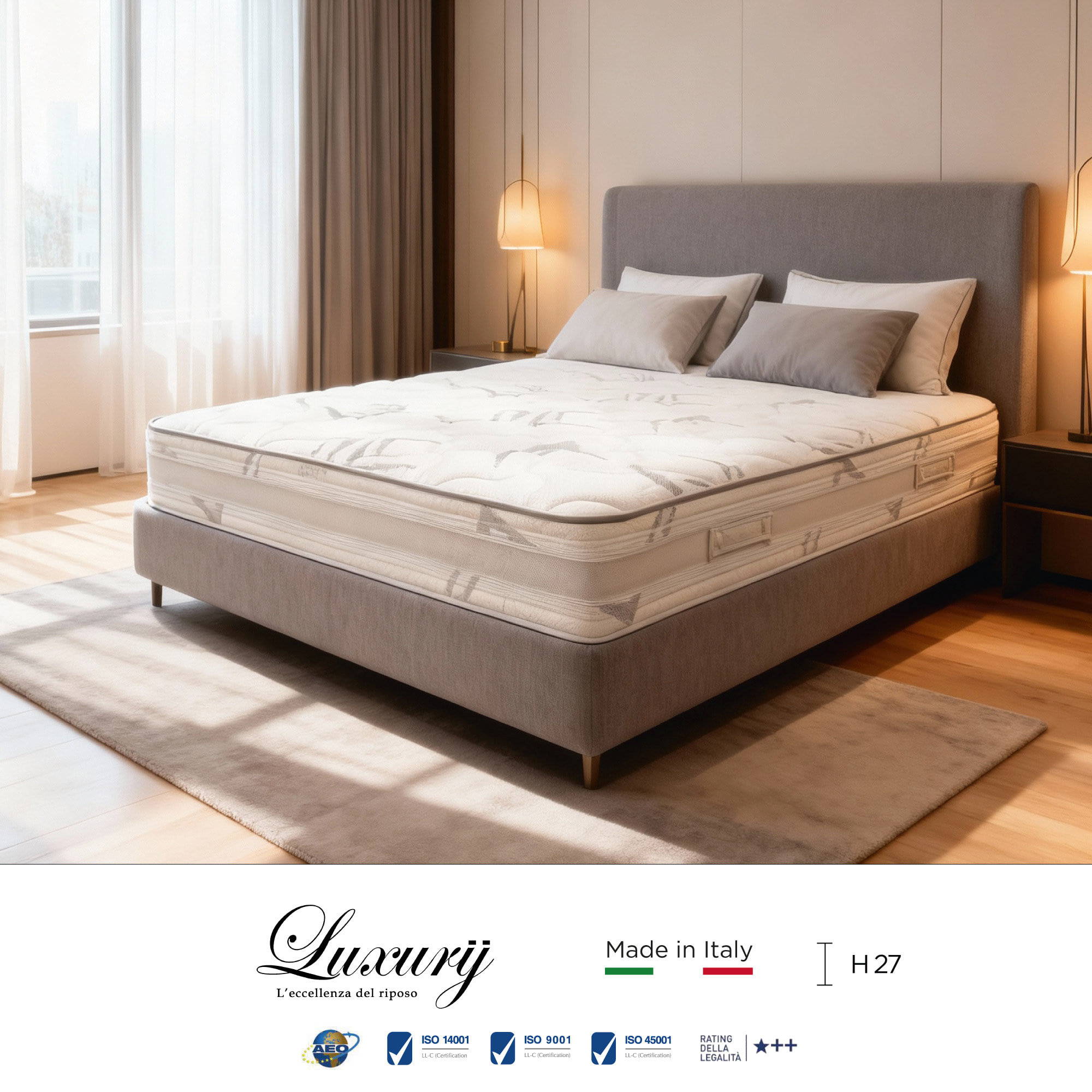 "Cortina" H27 cm 140x200 2 guanciali Memory OMAGGIO sfoderabile a molle insacchettate indipendenti, schiuma poliuretanica e Memory Foam