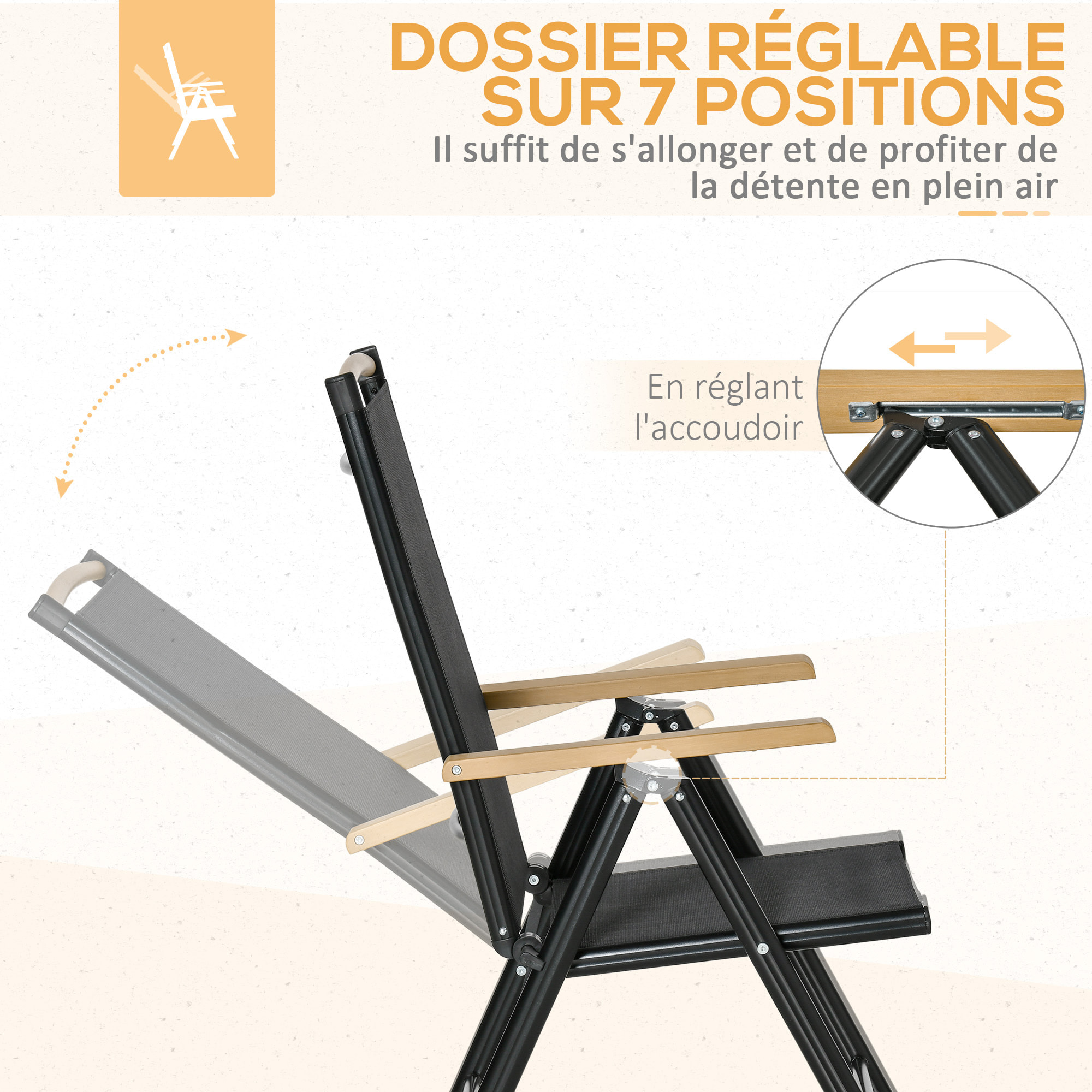 Ensemble table de jardin 6 personnes - chaises pliables inclinables accoudoirs - alu textilène noir plastique effet bois