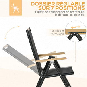 Ensemble table de jardin 6 personnes - chaises pliables inclinables accoudoirs - alu textilène noir plastique effet bois