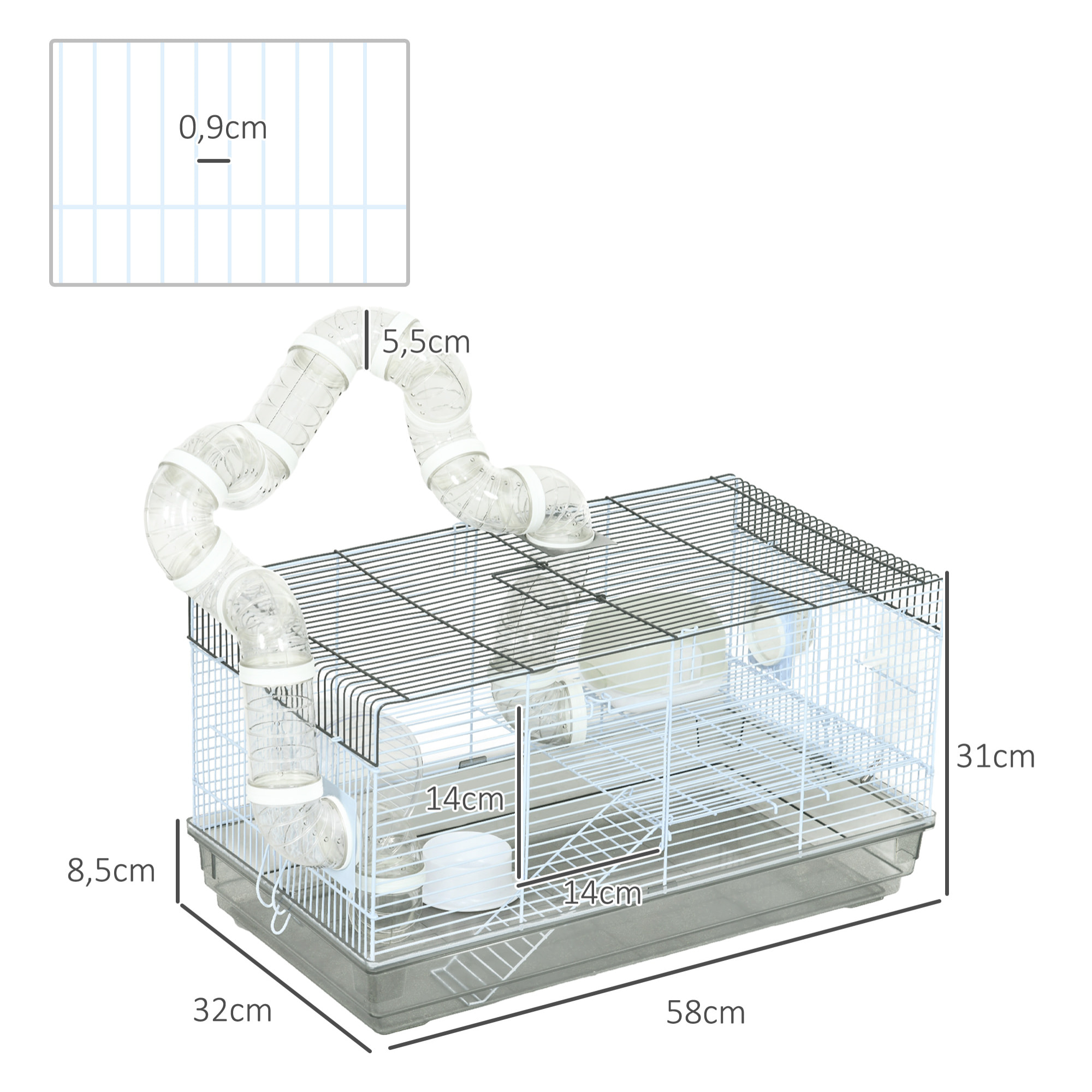 Cage rongeur hamster - tunnel, poignée, accessoires - plastique acier gris blanc