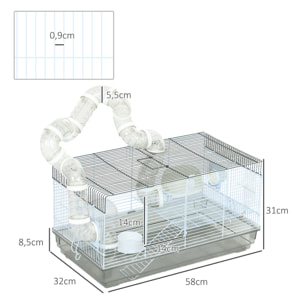 Cage rongeur hamster - tunnel, poignée, accessoires - plastique acier gris blanc