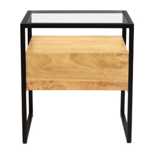Table de chevet avec tiroir en bois manguier massif, verre et métal noir DIYA