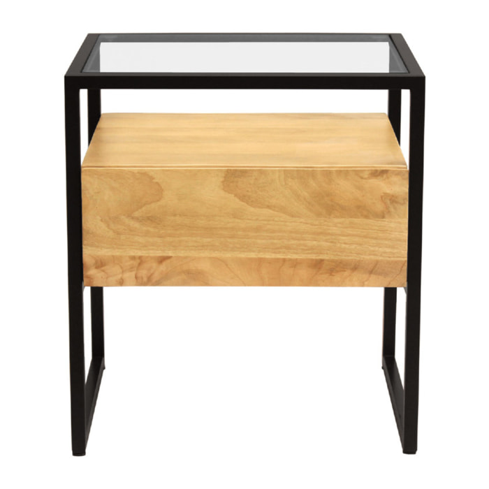 Table de chevet avec tiroir en bois manguier massif, verre et métal noir DIYA