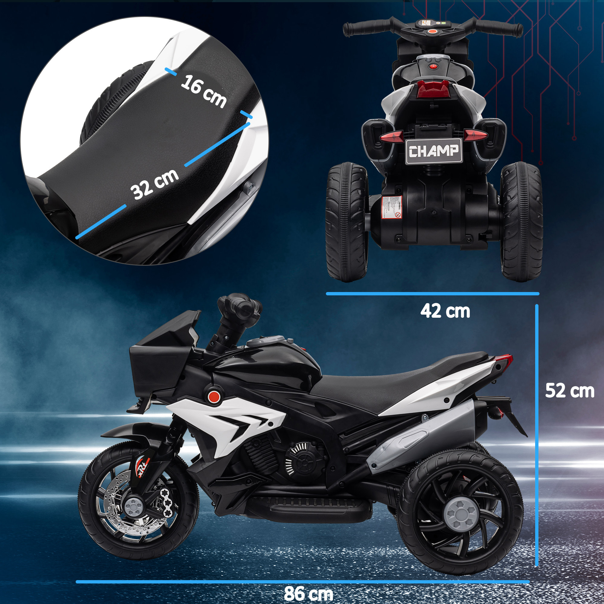 Moto Eléctrica para Niños de +3 Años Moto de Batería 6V con Luces Música Bocina Neumáticos Anchos Moto para Niños con Velocidad 3 km/h Negro