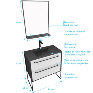 Pack Meuble de salle de bain 80x50cm - 2 tiroirs BLANC - vasque résine noire effet pierre - miroir