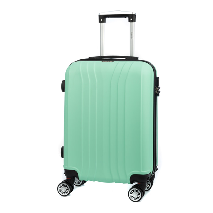 Valigia da cabina Trolley in materiale leggero in ABS ad alta resistenza. Serratura numerica, 4 ruote doppie rimovibili e girevoli a 360°. 57x38x20 cm.