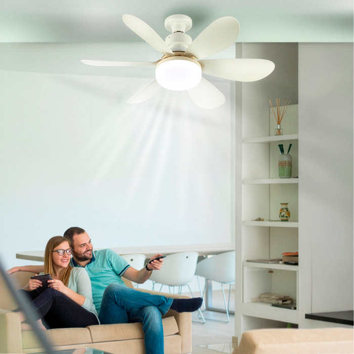 Ventilador de techo FS-HX-R520 de 52 cm. Adaptador E27, 3 velocidades y luz LED regulable de 16 W. Incluye mando a distancia.