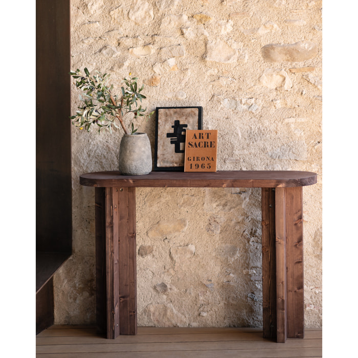 Consola de madera maciza tono nogal de 120x80cm Alto: 80 Largo: 120 Ancho: 35