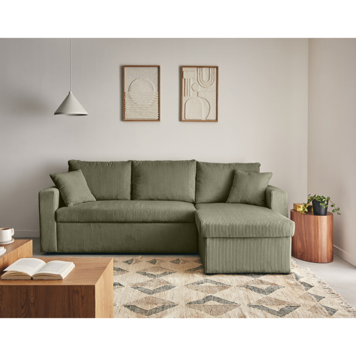 Cyrus - canapé d'angle réversible 4 places - convertible avec coffre - en velours côtelé - Vert