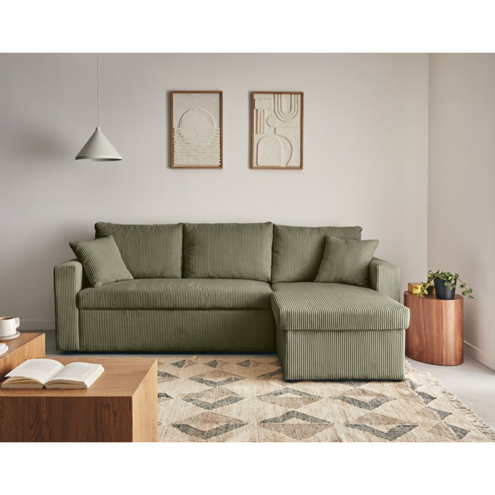 Cyrus - canapé d'angle réversible 4 places - convertible avec coffre - en velours côtelé - Vert