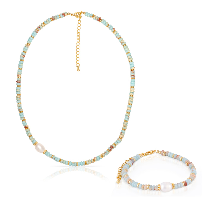 Set de pulsera y collar a juego de piedras Shou shan, perla blanca natural y cierre de mosquetón.