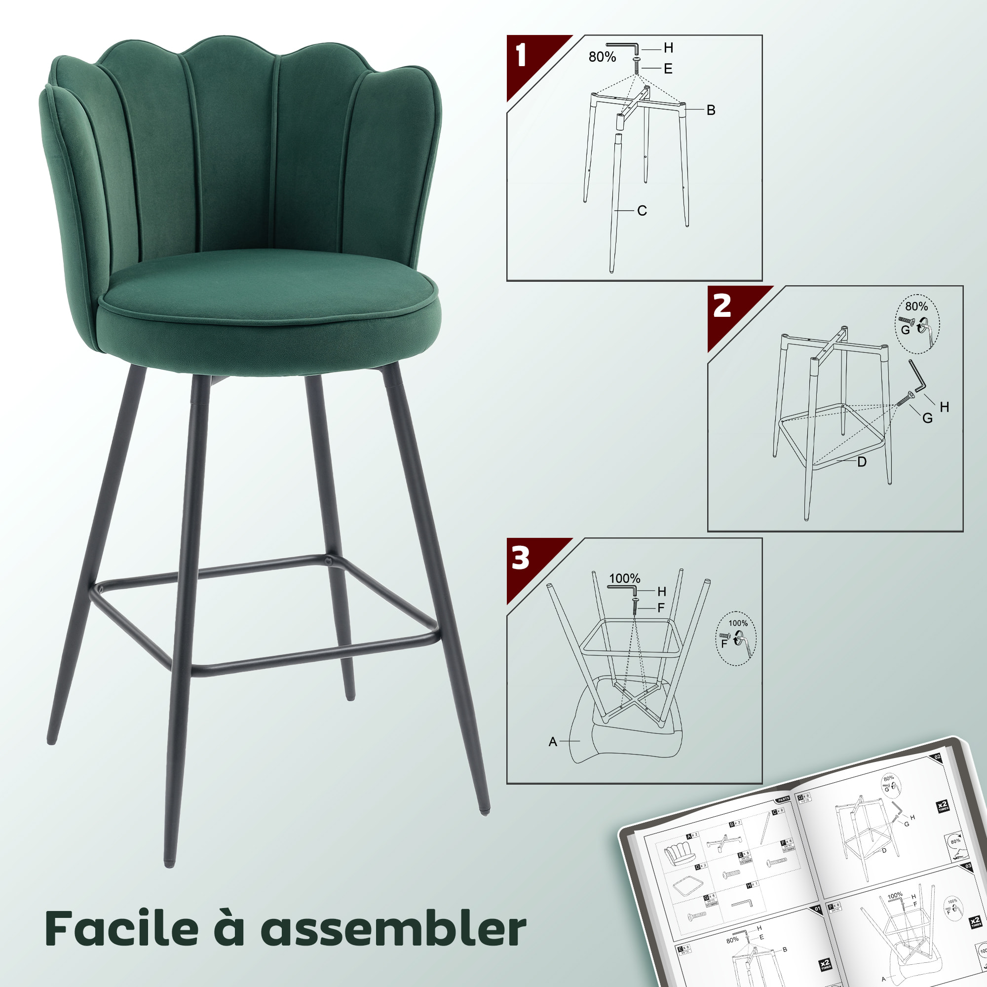 Lot de 2 tabourets de bar velours design coquillage assise H.70cm repose-pieds vert