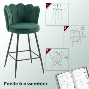 Lot de 2 tabourets de bar velours design coquillage assise H.70cm repose-pieds vert
