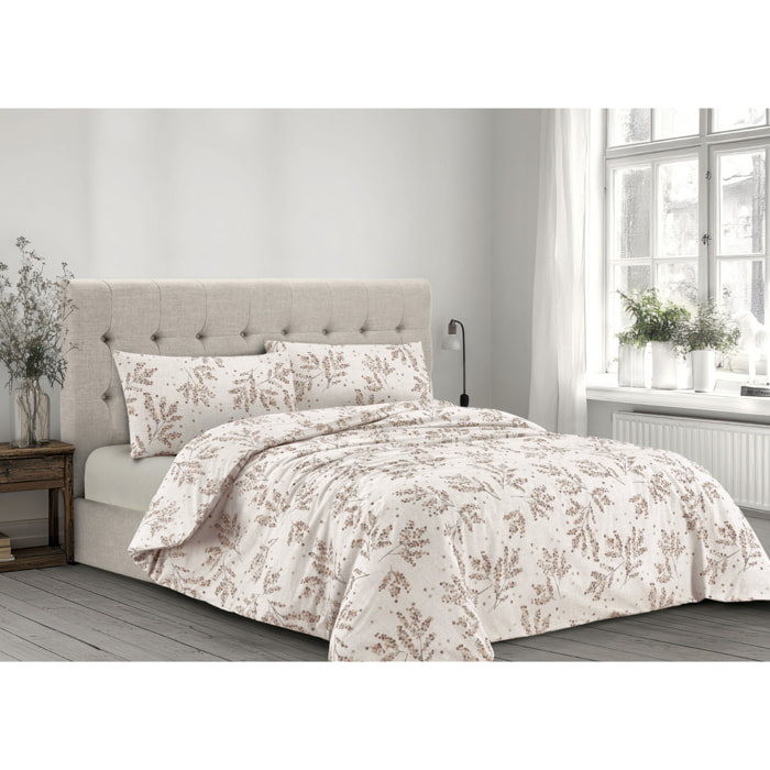 Parure Copripiumino in 100% Cotone Made in Italy Fiorato Disegno Sambuco Colore Nocciola