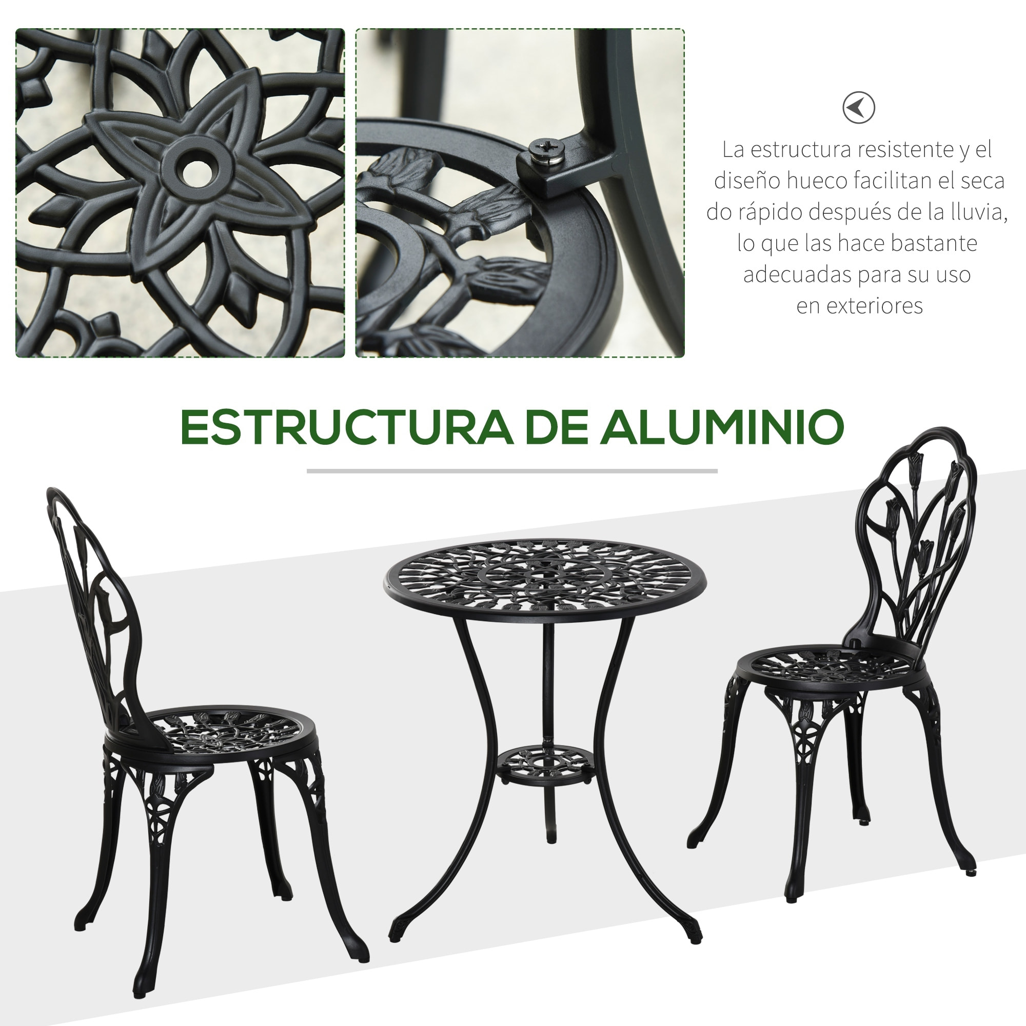 Conjunto de Mesa y Sillas de Terraza Exterior de 3 Piezas Muebles de Jardín de Aluminio con Respaldo con Patrón de Tulipán y Mesa con Orificio para Sombrilla Negro