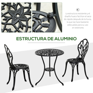 Conjunto de Mesa y Sillas de Terraza Exterior de 3 Piezas Muebles de Jardín de Aluminio con Respaldo con Patrón de Tulipán y Mesa con Orificio para Sombrilla Negro