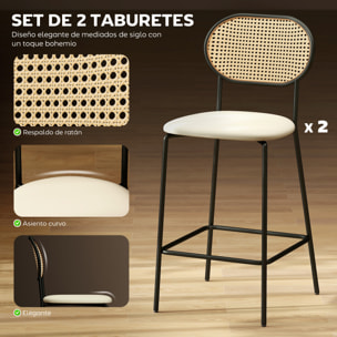 Juego de 2 Taburetes de Bar Taburetes Altos de Cocina con Respaldo de Ratán Asiento de PU Marco de Acero y Reposapiés para Comedor Mostrador 45x50x97 cm Beige
