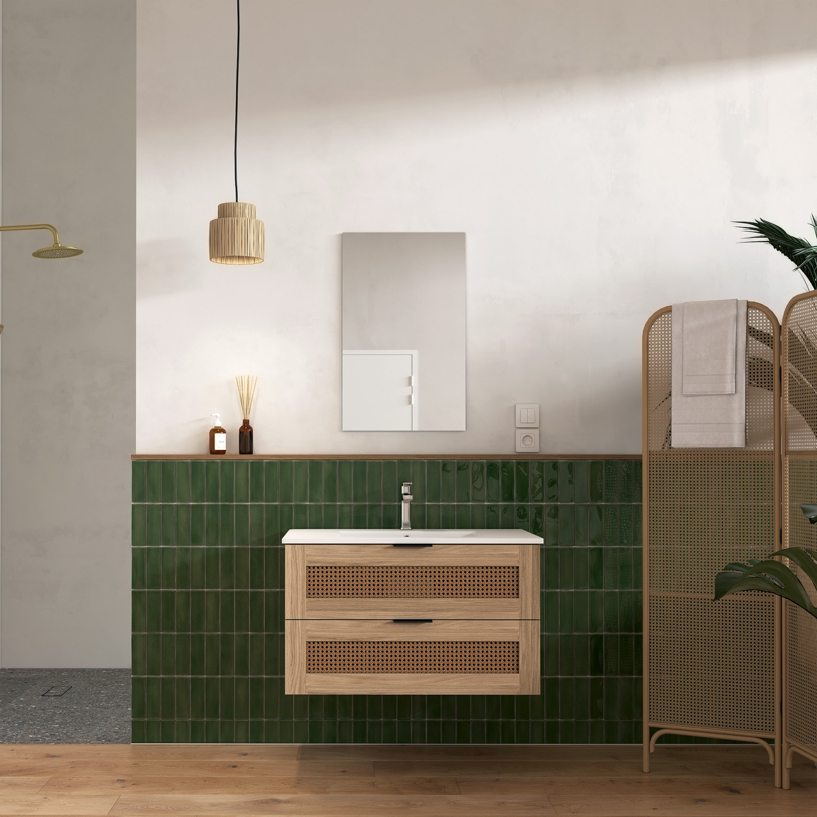 Meuble salle de bain cannage Apolline 60cm décor bois et cannage - 2 tiroirs, vasque et miroir