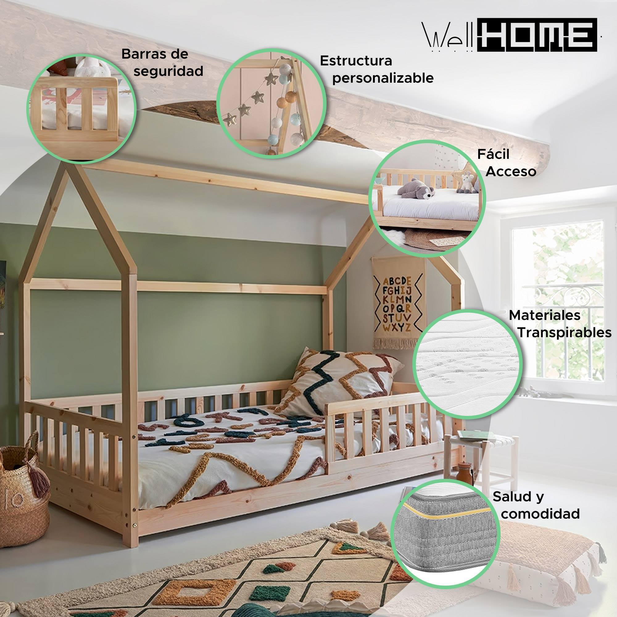 Set de cama infantil cabaña ''bosco'' 90x190cm + colchón serenia 90x190cm (altura 17cm), transpirable, adaptable y atérmico
