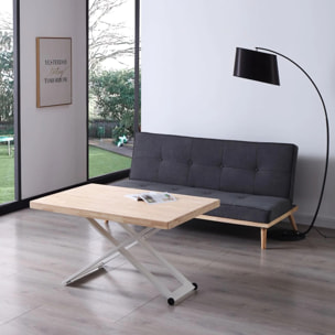 Mesa de centro elevable con patas metálicas y ruedas en blanco y roble 120x49-76 cm Lada Blanco - Roble