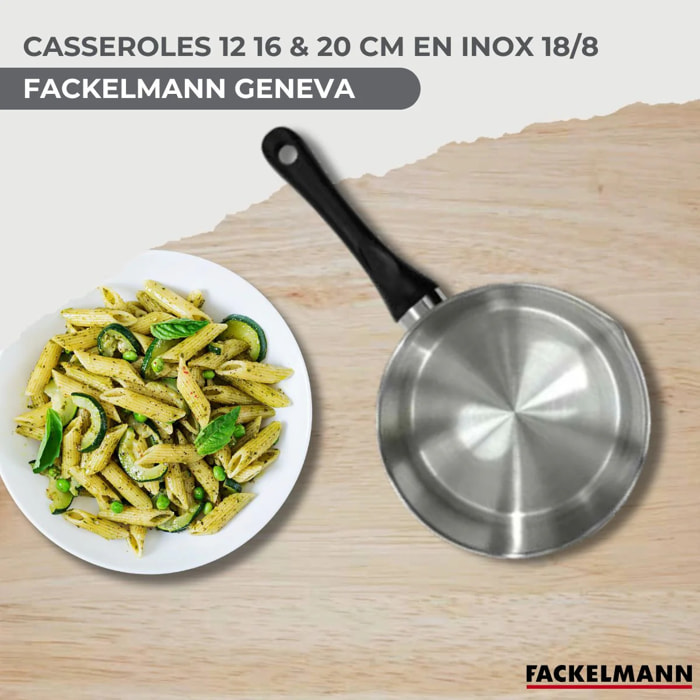 Batterie de cuisine avec 3 casseroles 12/16/20 cm en inox et 5 ustensiles de cuisine sans PFAS Fackelmann Généva Vario