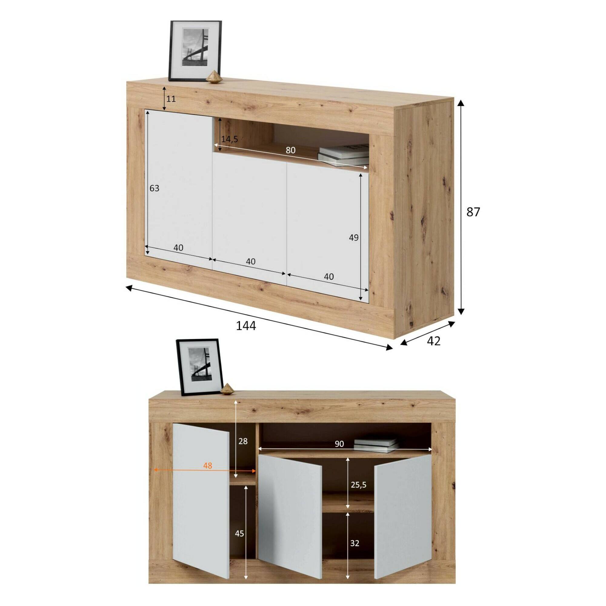 Credenza Thornton, Madia moderna a 3 ante, Buffet da soggiorno con scomparti, Madia da salotto, Mobile Porta TV, cm 144x42h87, Rovere nodi e Bianco