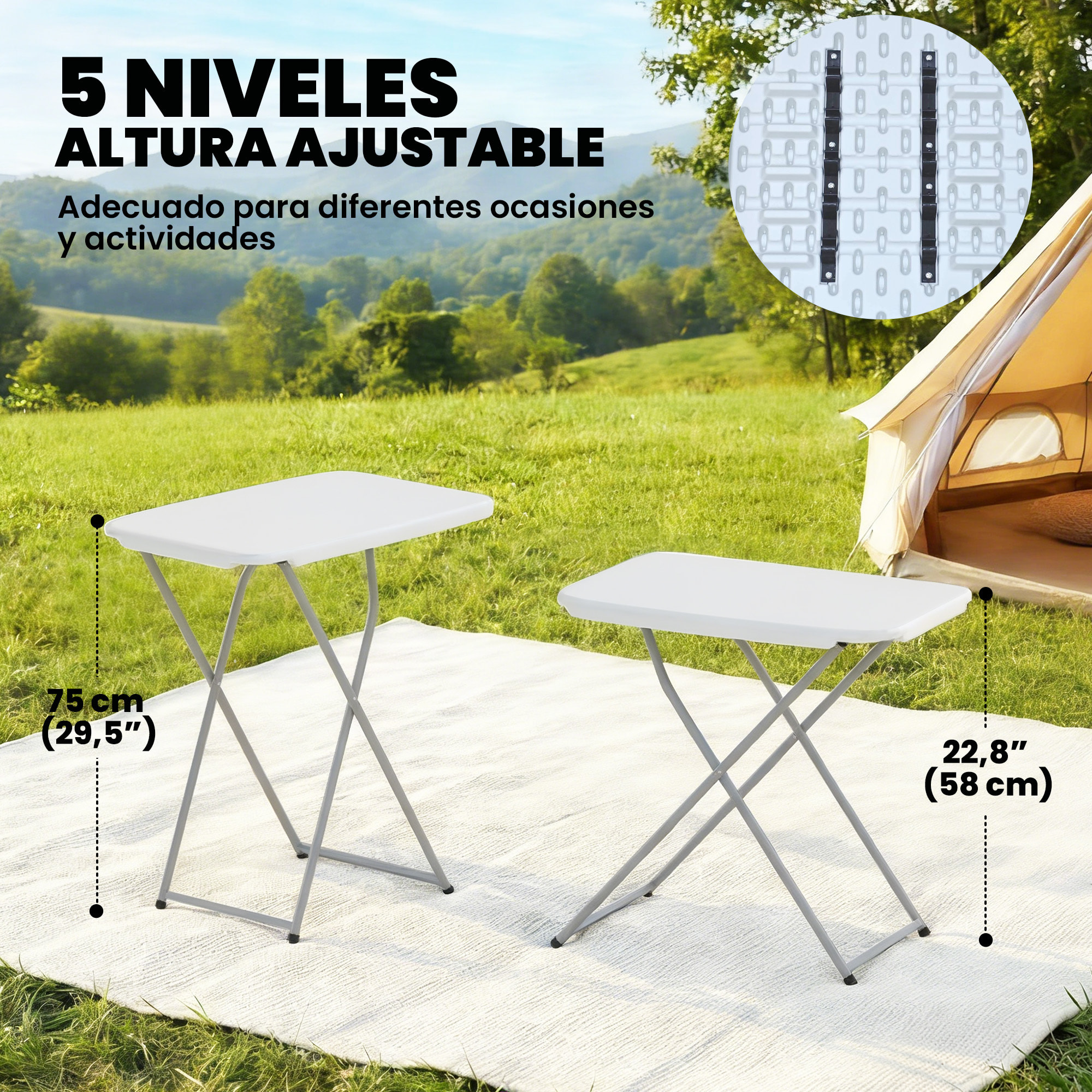 Mesa Plegable Camping, 75x50x73,5 cm, Mesa Plegable Portátil con Altura Ajustable en 5 Niveles, Encimera de HDPE y Marco Metálico, para Acampar, Senderismo, Playa, Blanco