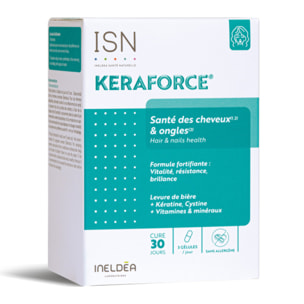 ISN - Keraforce - Complément alimentaire à base de Kératine, Levure de bière, Vitamines - Nourrit les cheveux et les ongles - Améliore la résistance et la beauté - Cure 30 jours