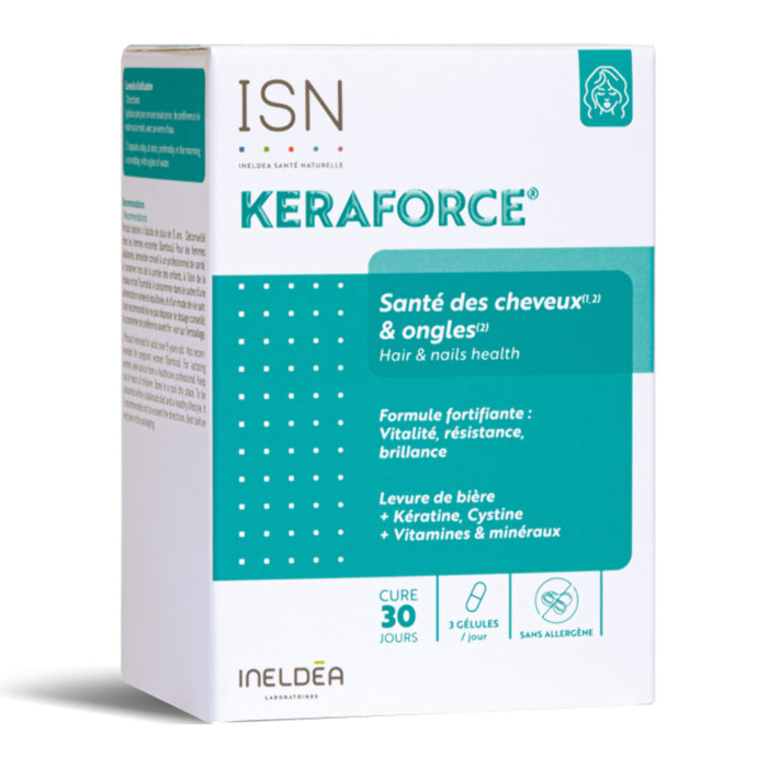ISN - Keraforce - Complément alimentaire à base de Kératine, Levure de bière, Vitamines - Nourrit les cheveux et les ongles - Améliore la résistance et la beauté - Cure 30 jours