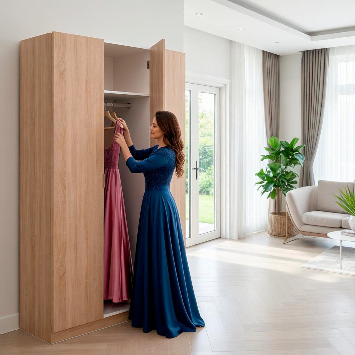 Armadio Guardaroba Vestiti 3 Ante Battenti 4 Ripiani E 3 Cassetti Con Barra Appendiabiti Salvaspazio Design Moderno 200 x 52 x 135 Cm Rovere Canadese