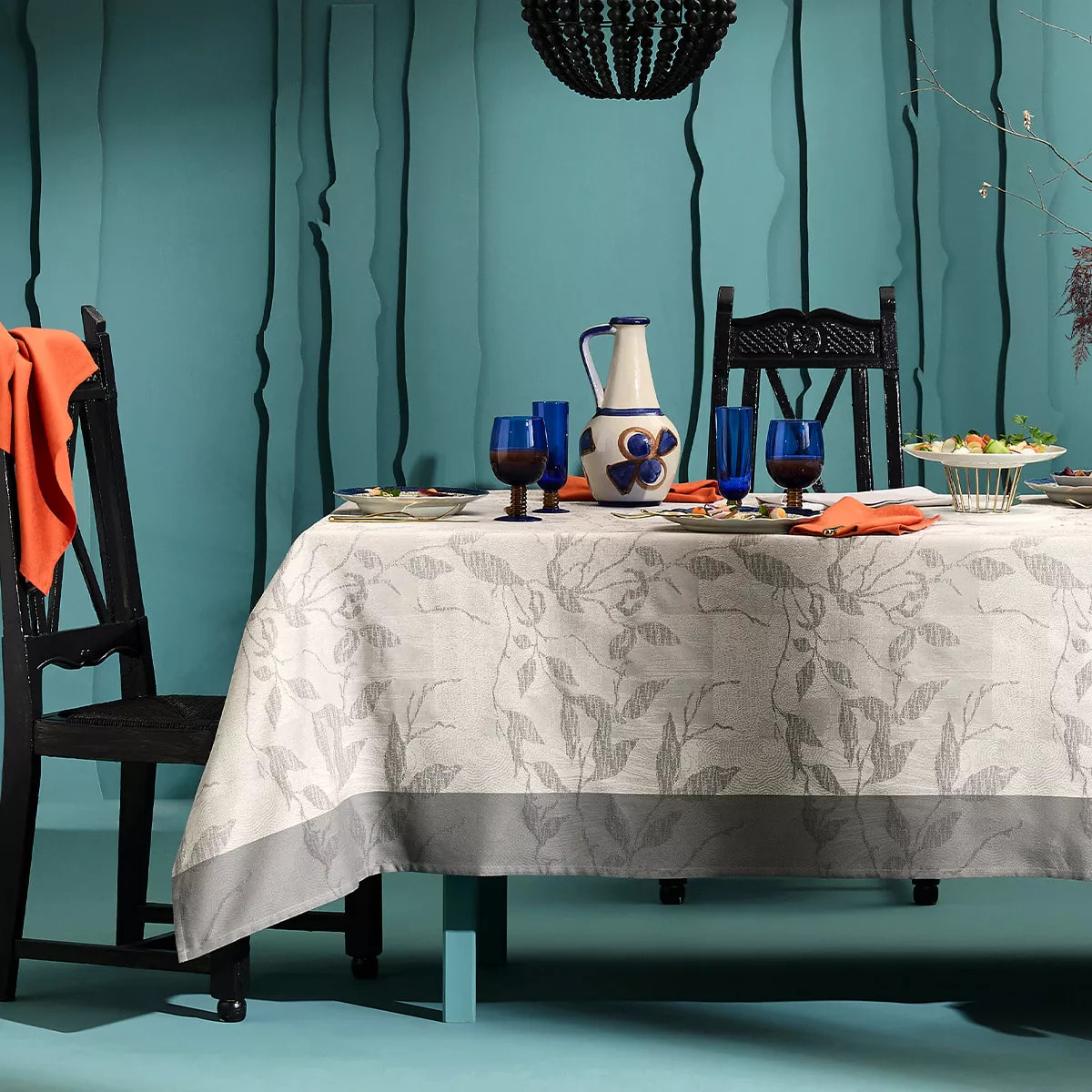 Nappe pur coton 220 g/m² motif jacquard gris anthracite Mille prunus silver