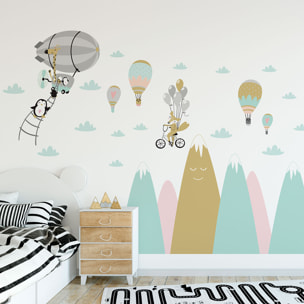 Stickers muraux enfants - Décoration chambre bébé - Autocollant Sticker mural géant enfant montagnes scandinaves ANIMAUX COMIQUES