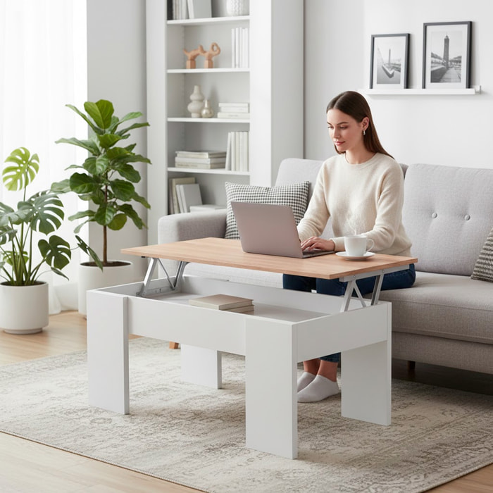 Tavolino da Salotto Alzabile Con Vano Contenitore Tavolo Multifunzione Salvaspazio Soggiorno Piano Sollevabile 100 x 50 x 54–56 cm Bianco E Rovere
