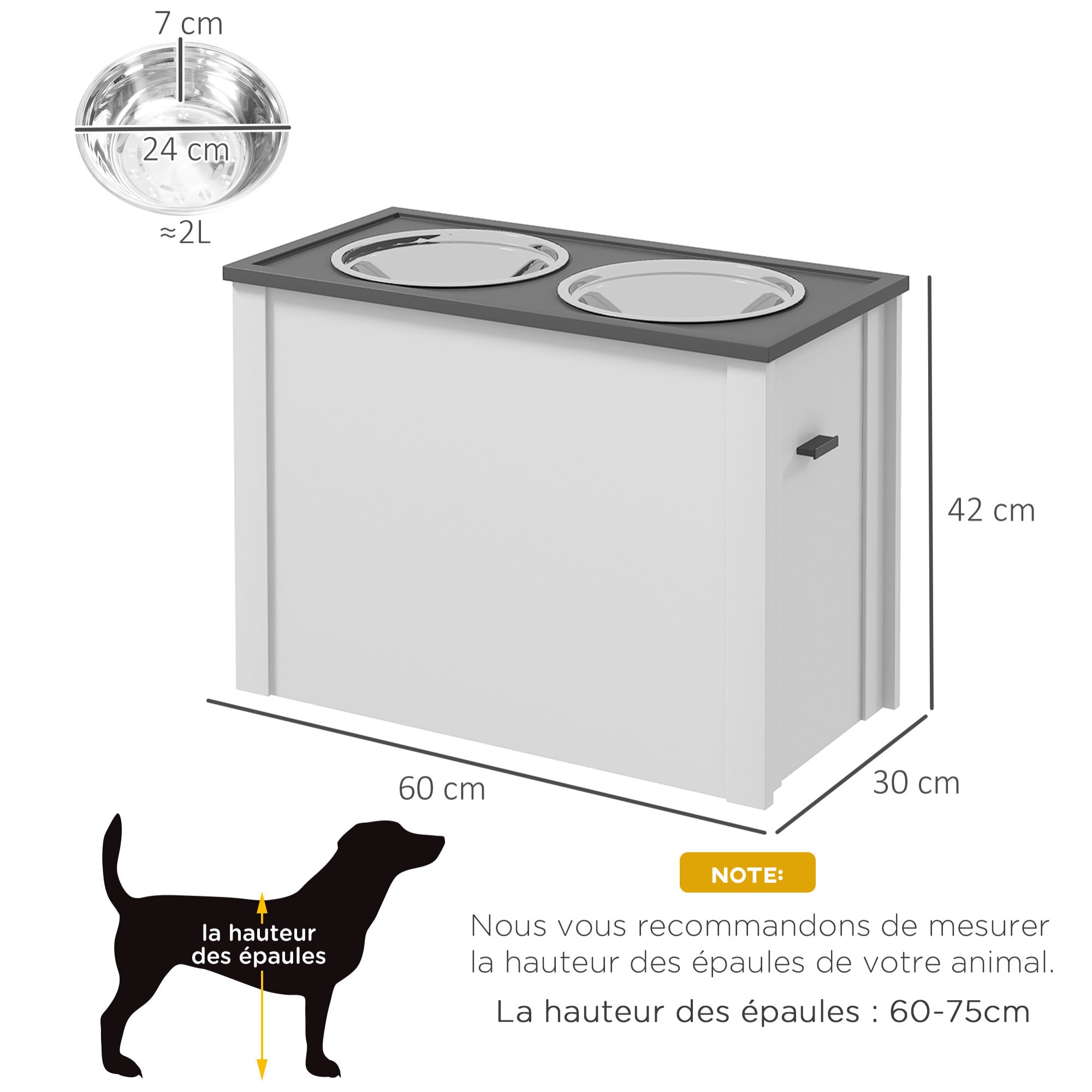 Gamelle double chien - porte-gamelles surélevé rangement 2 en 1 - tiroir, 2 gamelles - acier inox. MDF gris blanc