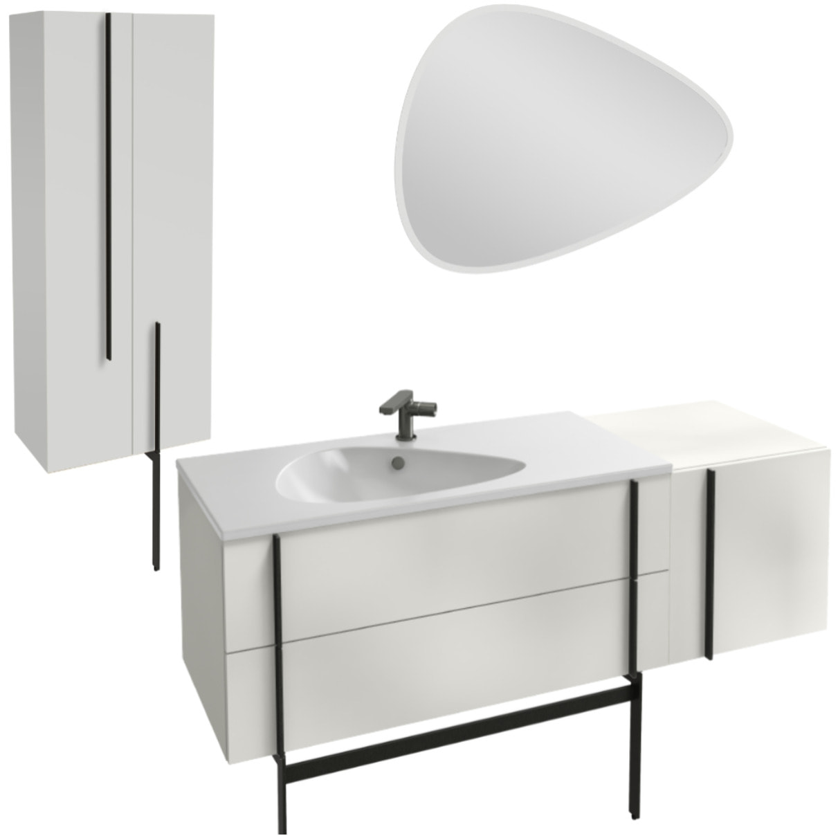 Meuble vasque 145 cm Nouvelle Vague blanc brillant + tiroir rack + colonne 2 portes + miroir + pied