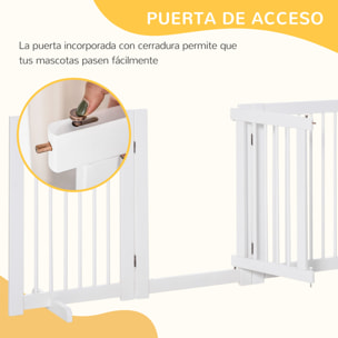 Barrera de Seguridad para Perros de Madera Plegable, para Escaleras y Puertas, Valla para Perros Pequeños y Medianos de 4 Paneles, con Soporte de Pie, para Interiores, 204x36x75 cm, Blanco