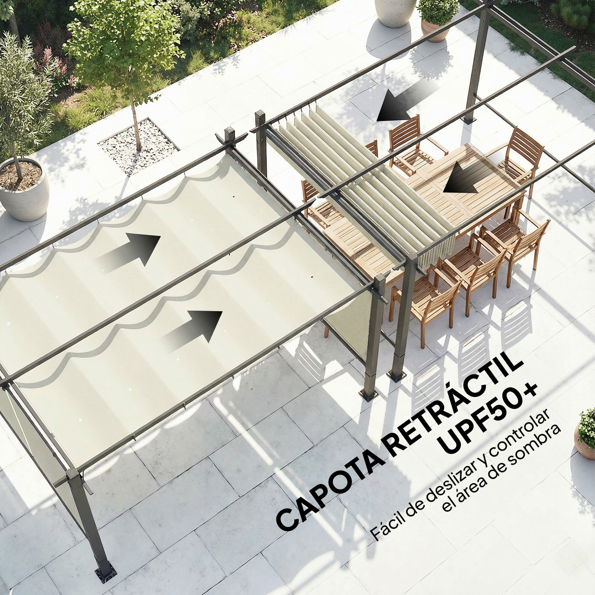 Pérgola de Jardín 4x3 m con Techo Retráctil y 4 Cortinas Enrollables Automáticas, Cenador de Jardín con Protección UV50+, Estructura de Aluminio, Drenaje, Pabellón para Exterior, Crema