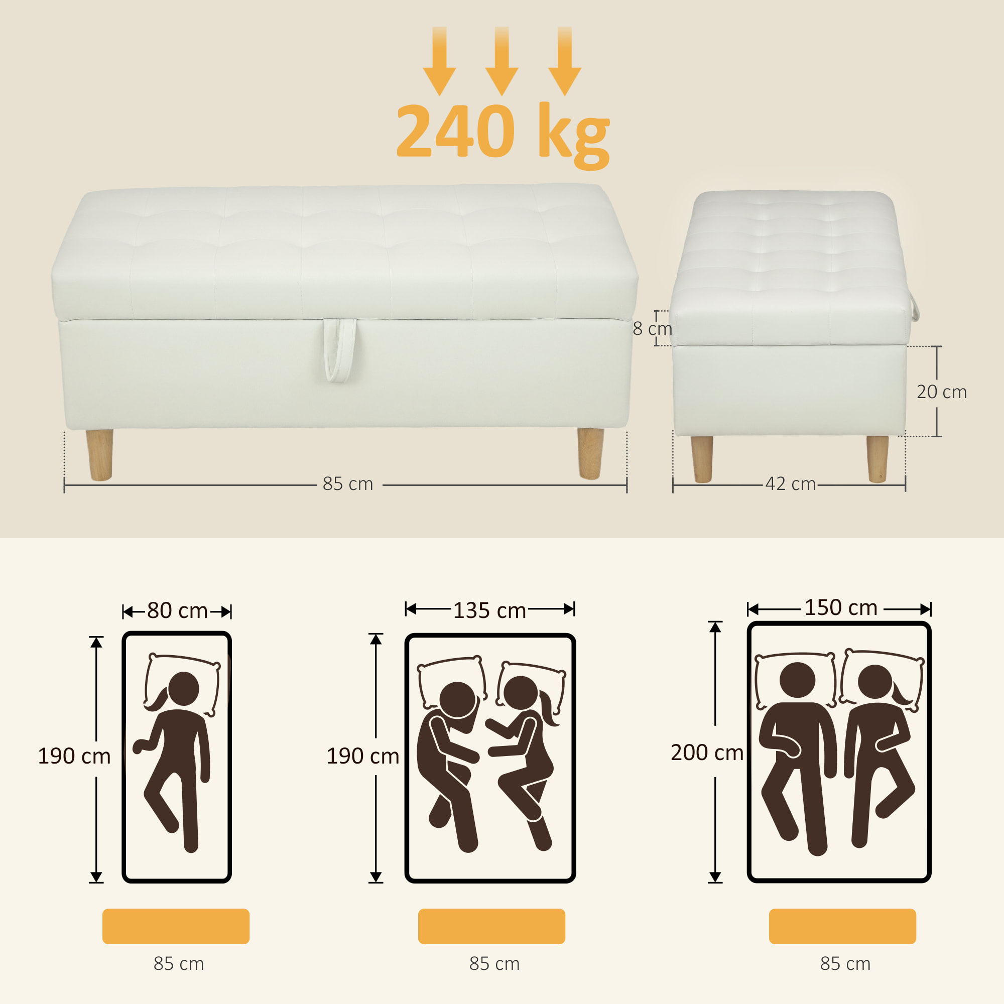 Puff Almacenaje Baúl Tapizado de Terciopelo 100x50x43 cm con Patas de Madera Capacidad 71L Soporta 240 kg Banco Almacenaje para Dormitorio Pasillo Salón Blanco Crema