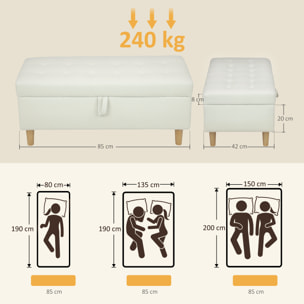 Puff Almacenaje Baúl Tapizado de Terciopelo 100x50x43 cm con Patas de Madera Capacidad 71L Soporta 240 kg Banco Almacenaje para Dormitorio Pasillo Salón Blanco Crema