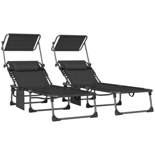 Set de 2 Tumbonas Jardín Exterior, Tumbonas Plegables con Reposacabezas, Parasol y Bolsillo Lateral, Respaldo Reclinable 5 Posiciones y Asiento Malla Transpirable para Playa, Piscina, Negro