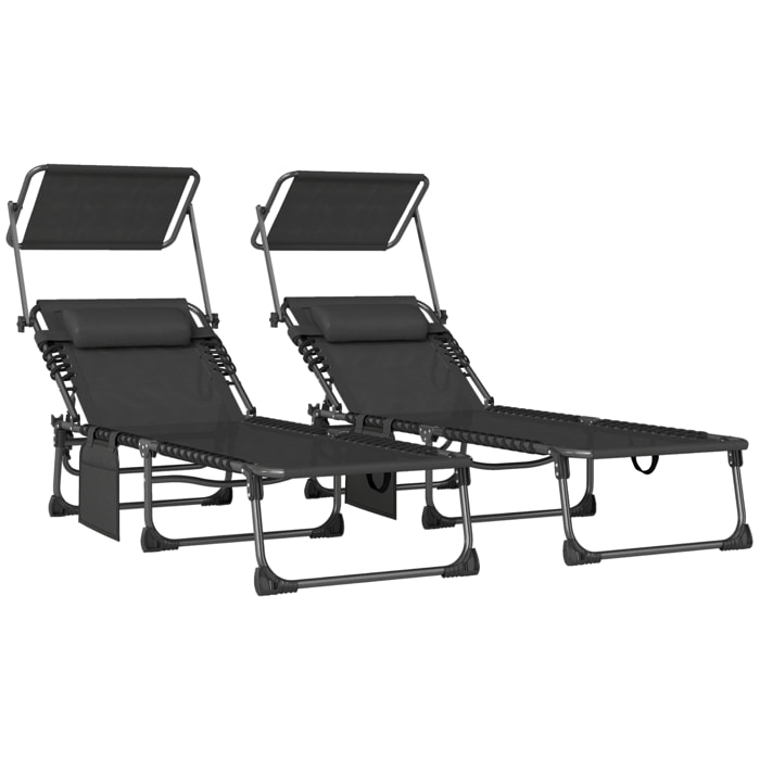 Set de 2 Tumbonas Jardín Exterior, Tumbonas Plegables con Reposacabezas, Parasol y Bolsillo Lateral, Respaldo Reclinable 5 Posiciones y Asiento Malla Transpirable para Playa, Piscina, Negro